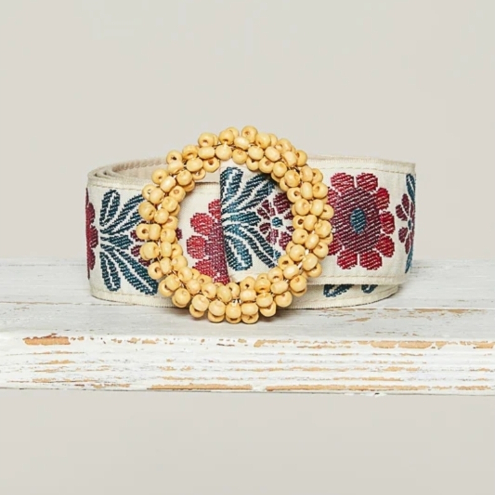 POL Floral Stitched Belt in Burgundy Multi